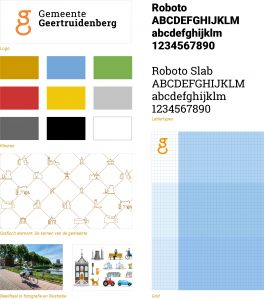 Bouwstenen van de huisstijl van Gemeente Geertruidenberg. Hij toont het logo, de kleuren, het grafisch element (pictogrammen van herkenbare plaatsen in de gemeente), beeldtaal, typografie en stramien voor opmaak.