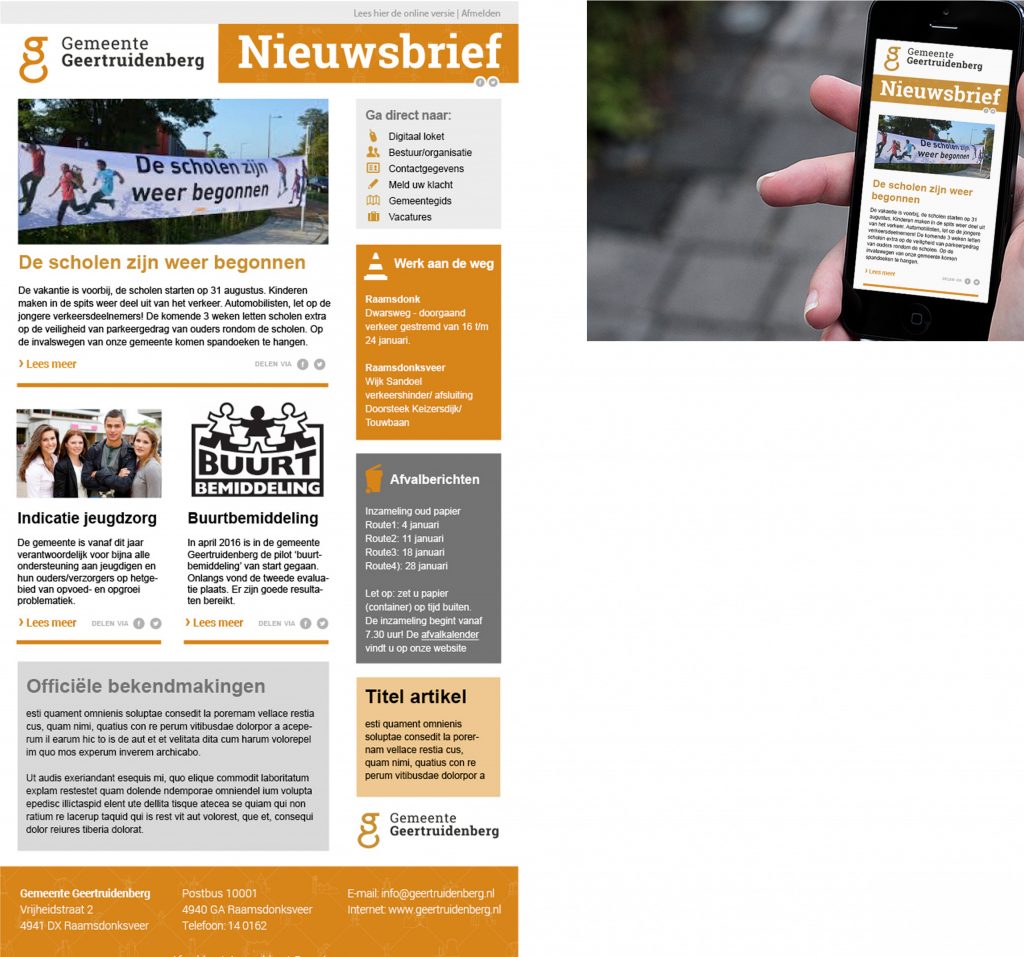 Voorbeeld van opmaak digitale nieuwsbrief van geemeente en hoe die getoond wordt op een mobile telefoon.