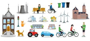 Serie 2D illustraties die stijl van de gemeentelijke illustraties weergeven. Je ziet onder andere een raadhuis, voertuigen, windmolens, personen en woningen.